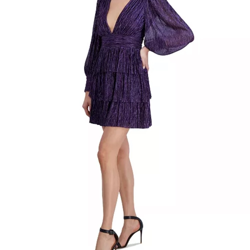 Elegant Purple Tiered Dress BCBGeneration Women's Long Sleeve V Neck Mini Dress